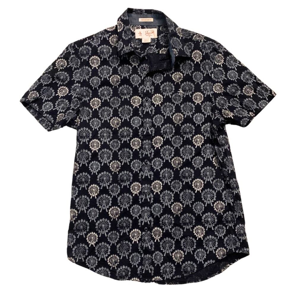 Penguin Shirt Button Down Navy Blue Ferris Wheel Print Short Sleeves Retro Beach